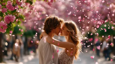 Young Couple Embracing Under Falling Cherry Blossom Petals