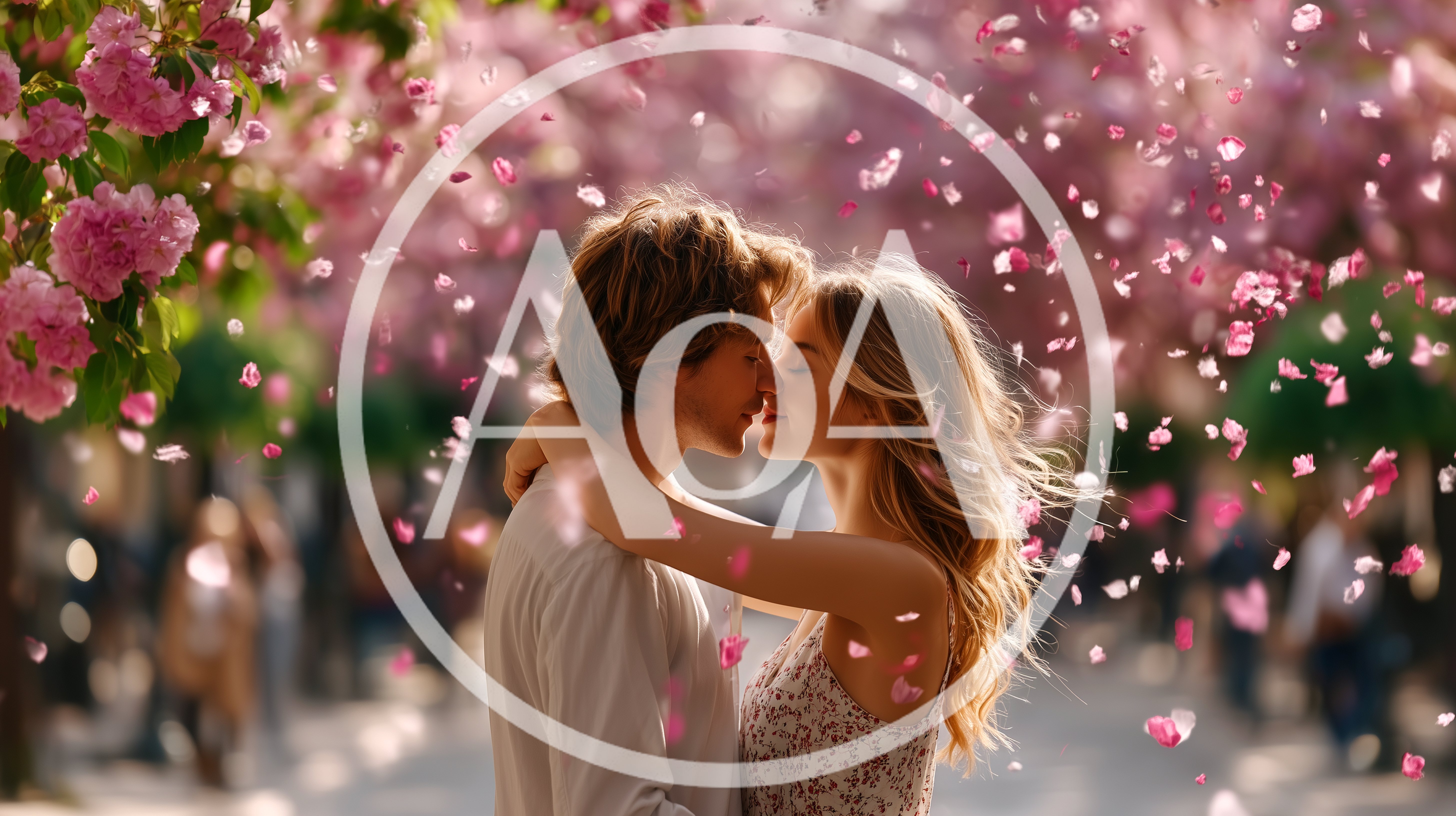 Young Couple Embracing Under Falling Cherry Blossom Petals