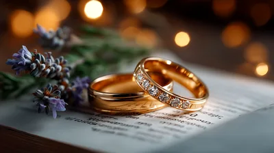 Two Gold Wedding Rings Resting On An Open Book