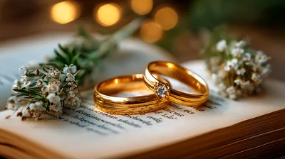 Two Gold Wedding Rings Resting On An Open Book