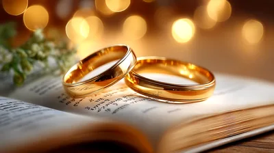 Two Gold Wedding Rings Resting On An Open Book