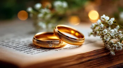 Two Gold Wedding Rings Resting On An Open Book