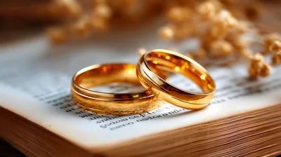 Two Gold Wedding Rings Resting On An Open Book