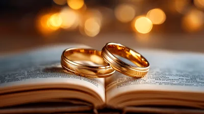 Two Gold Wedding Rings Resting On An Open Book