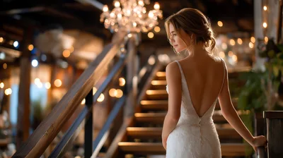 Elegant Bride Standing On Wooden Staircase In Evening Light
