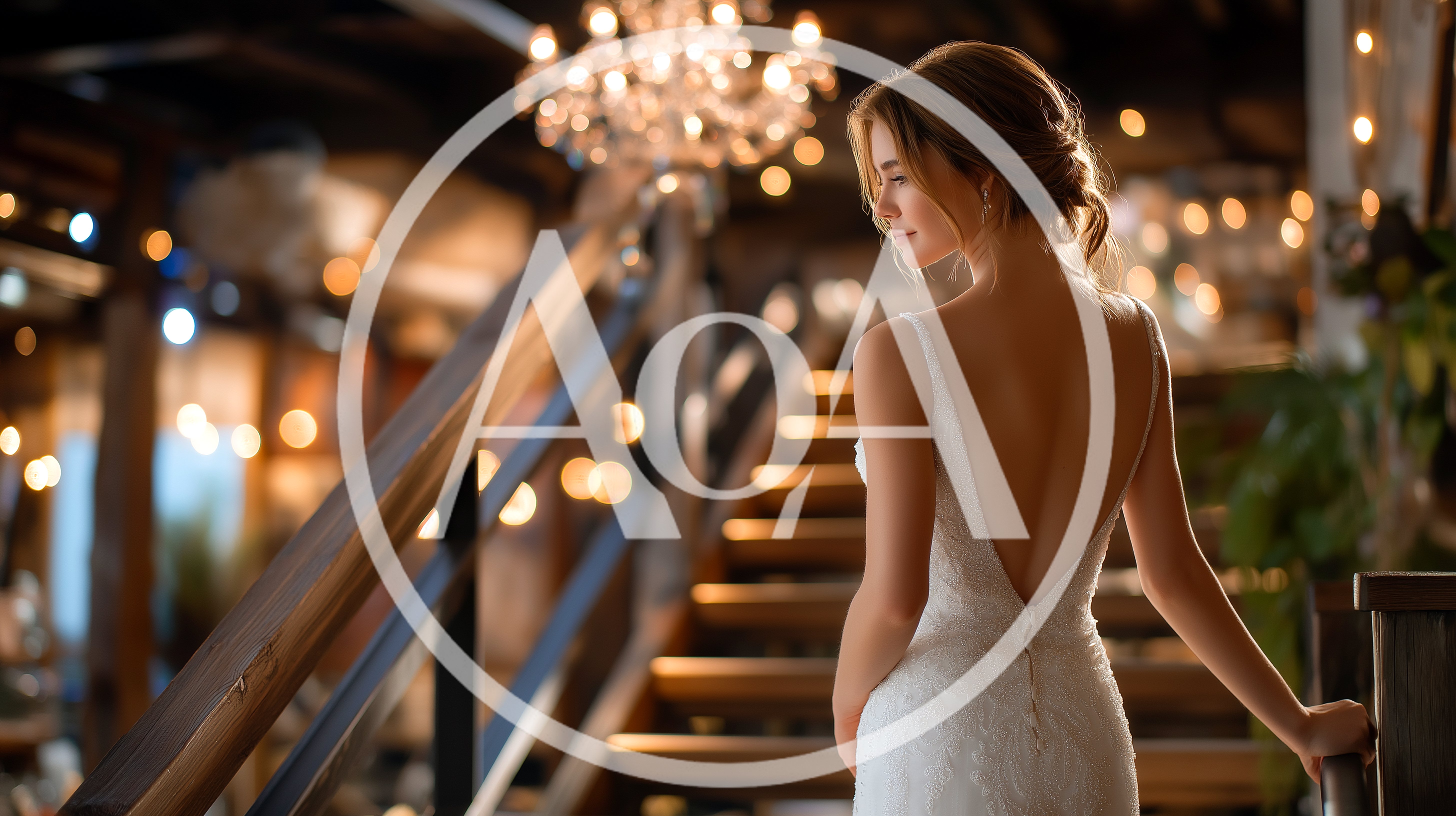 Elegant Bride Standing On Wooden Staircase In Evening Light
