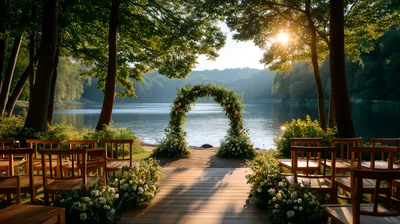 Outdoor Wedding Ceremony Setup By A Serene Lake