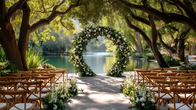 Outdoor Wedding Ceremony Setup With Floral Arch By Lake
