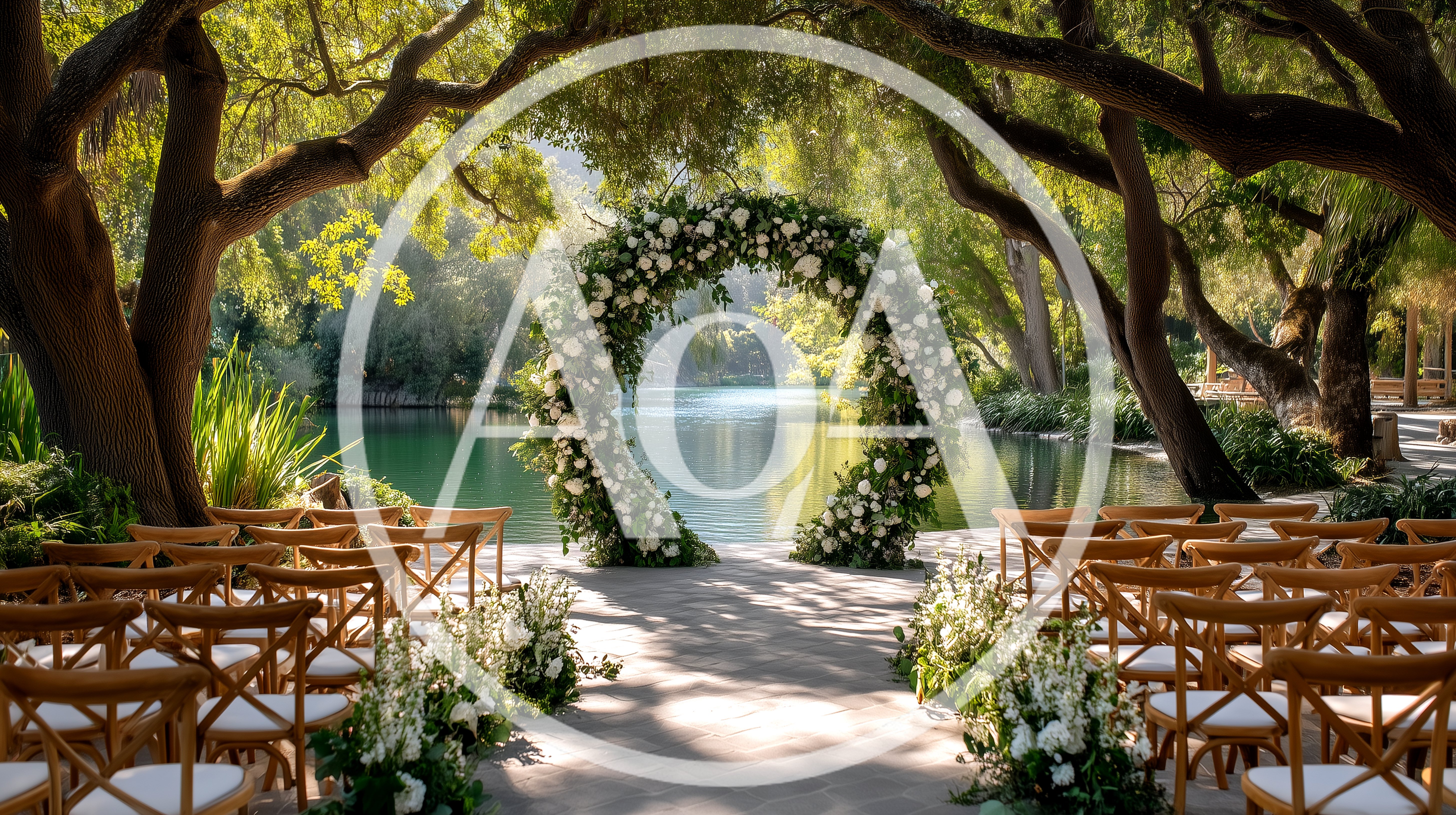 Outdoor Wedding Ceremony Setup With Floral Arch By Lake