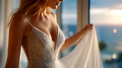 Elegant Bride Holding Wedding Dress Near Window