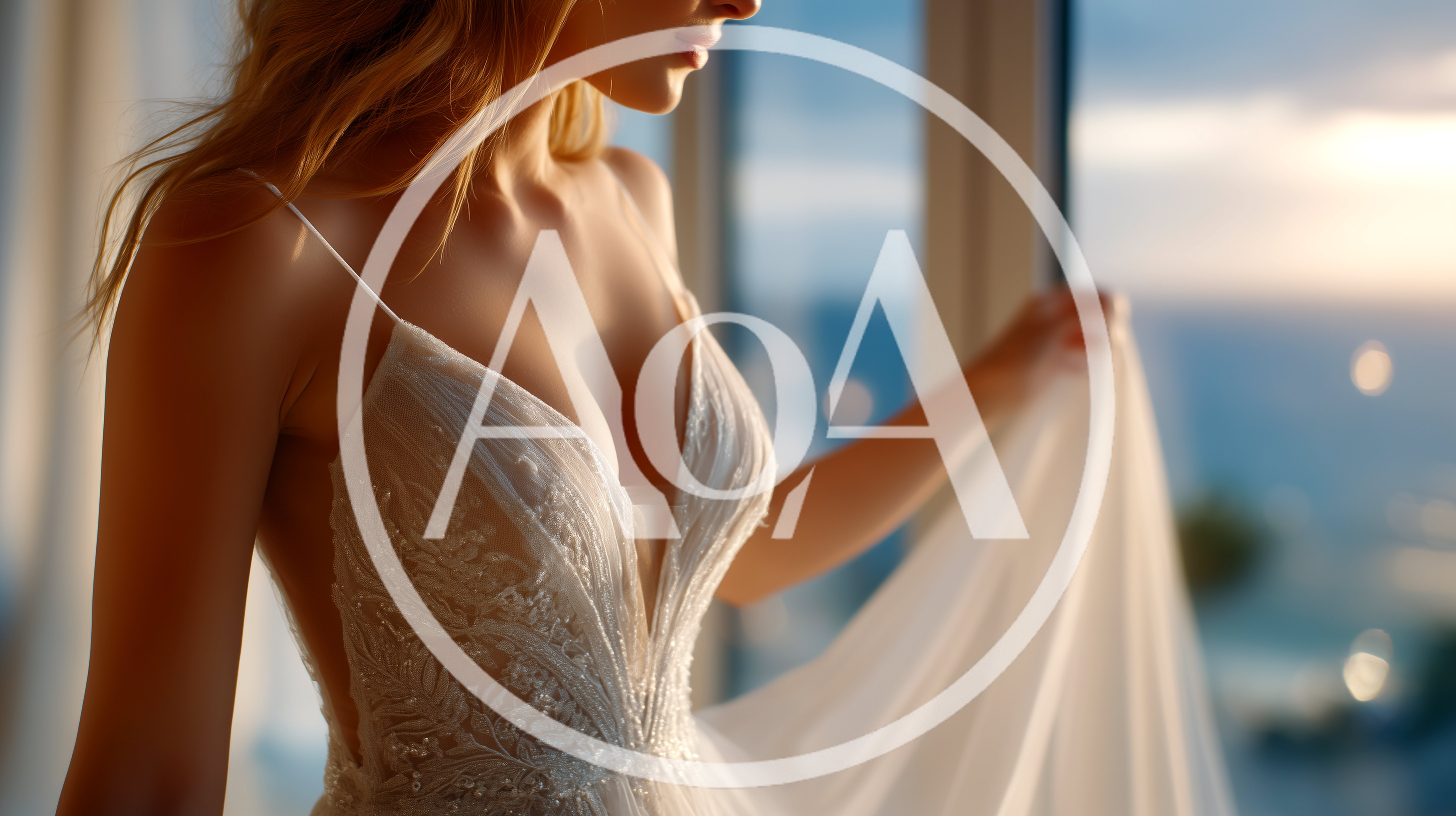 Elegant Bride Holding Wedding Dress Near Window