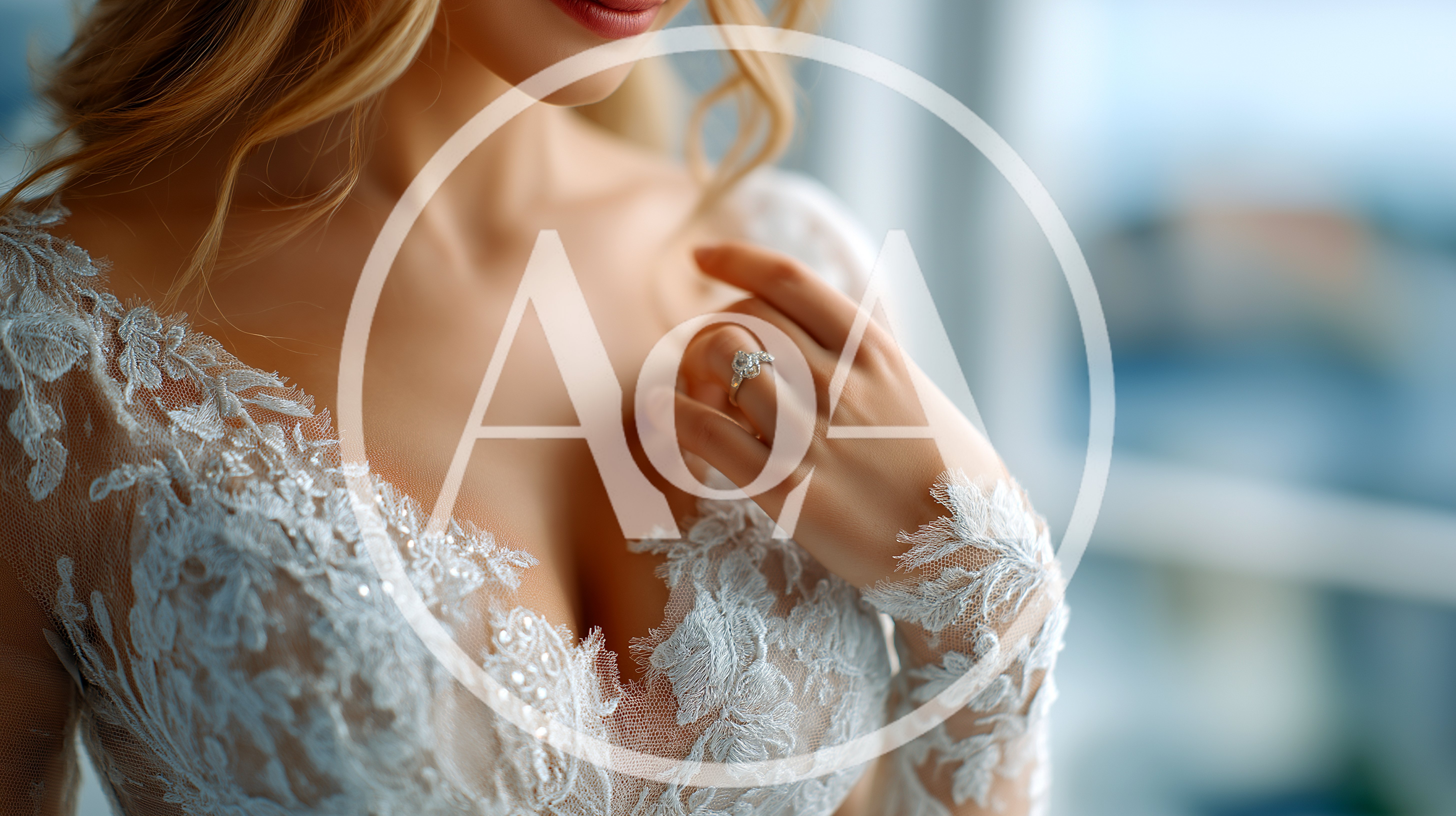 Bride Touching Her Engagement Ring On Wedding Dress