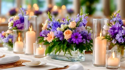 Elegant Wedding Table Centerpiece With Flowers And Candles
