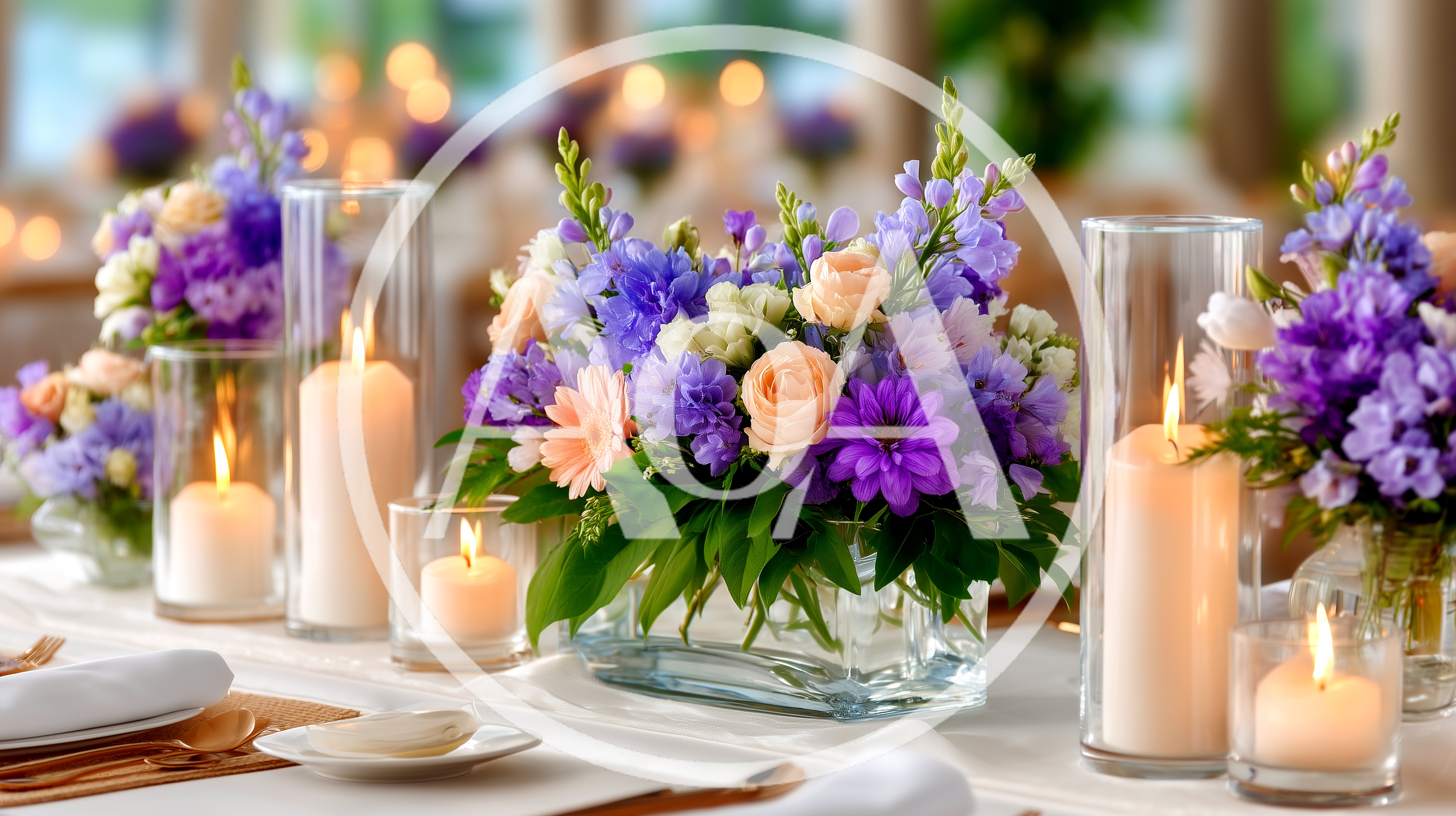 Elegant Wedding Table Centerpiece With Flowers And Candles