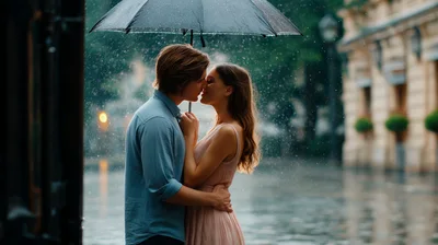 Young Couple Sharing A Romantic Kiss Under An Umbrella