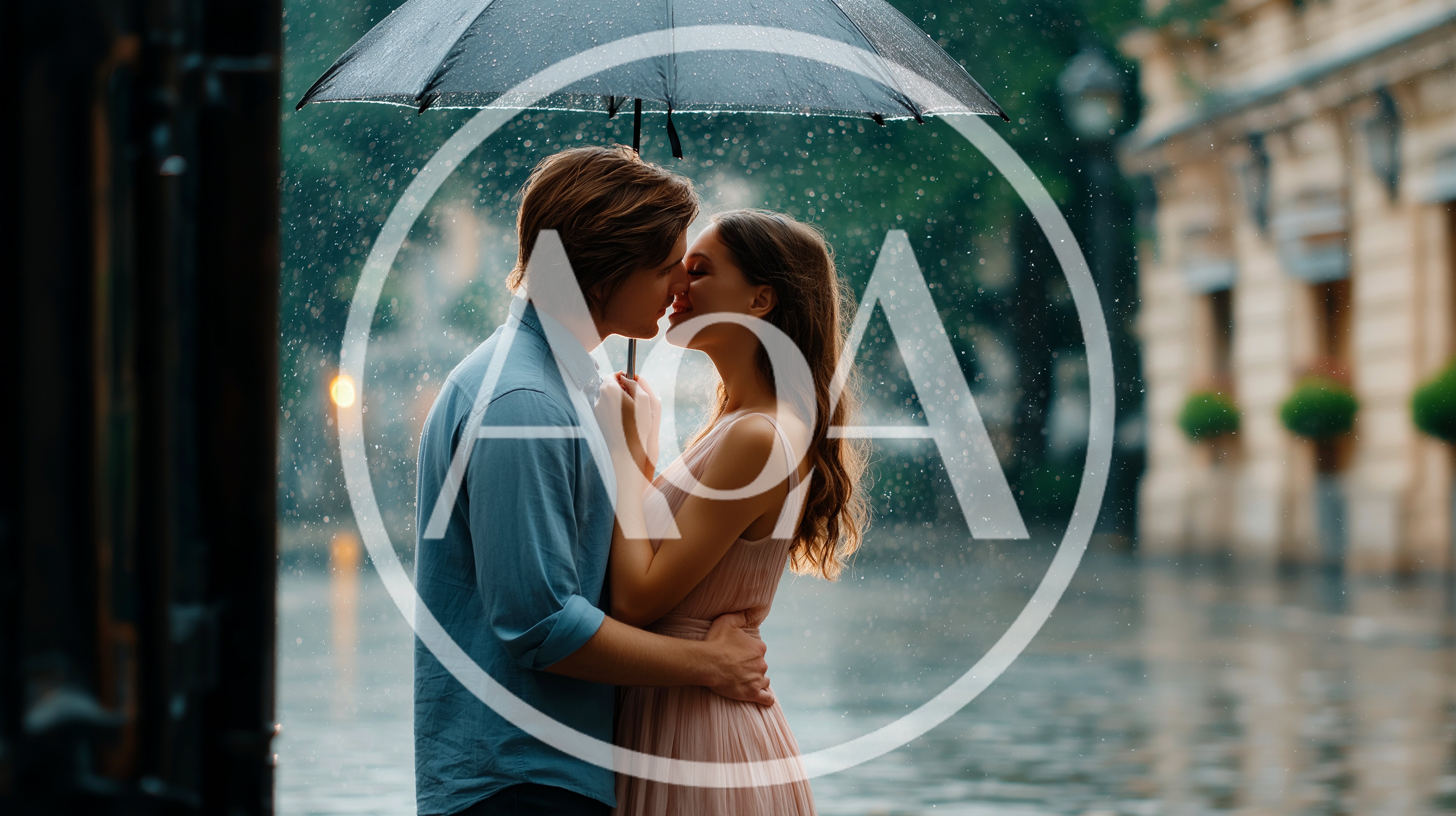 Young Couple Sharing A Romantic Kiss Under An Umbrella