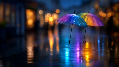 Two Floating Rainbow Umbrellas Over Wet City Street