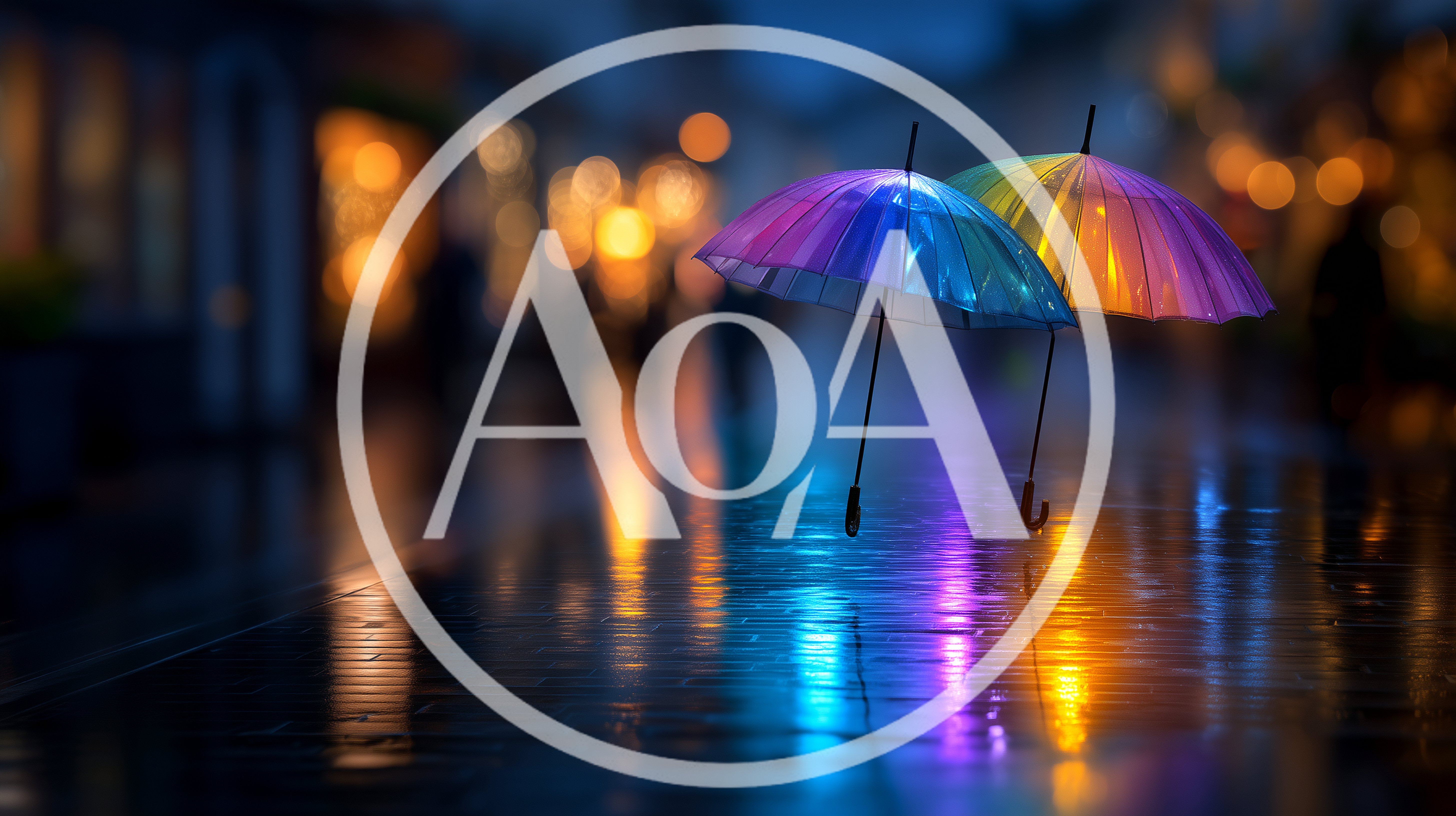 Two Floating Rainbow Umbrellas Over Wet City Street
