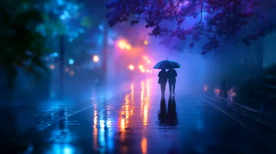 Couple Walking Under Umbrella On Rainy Night Street
