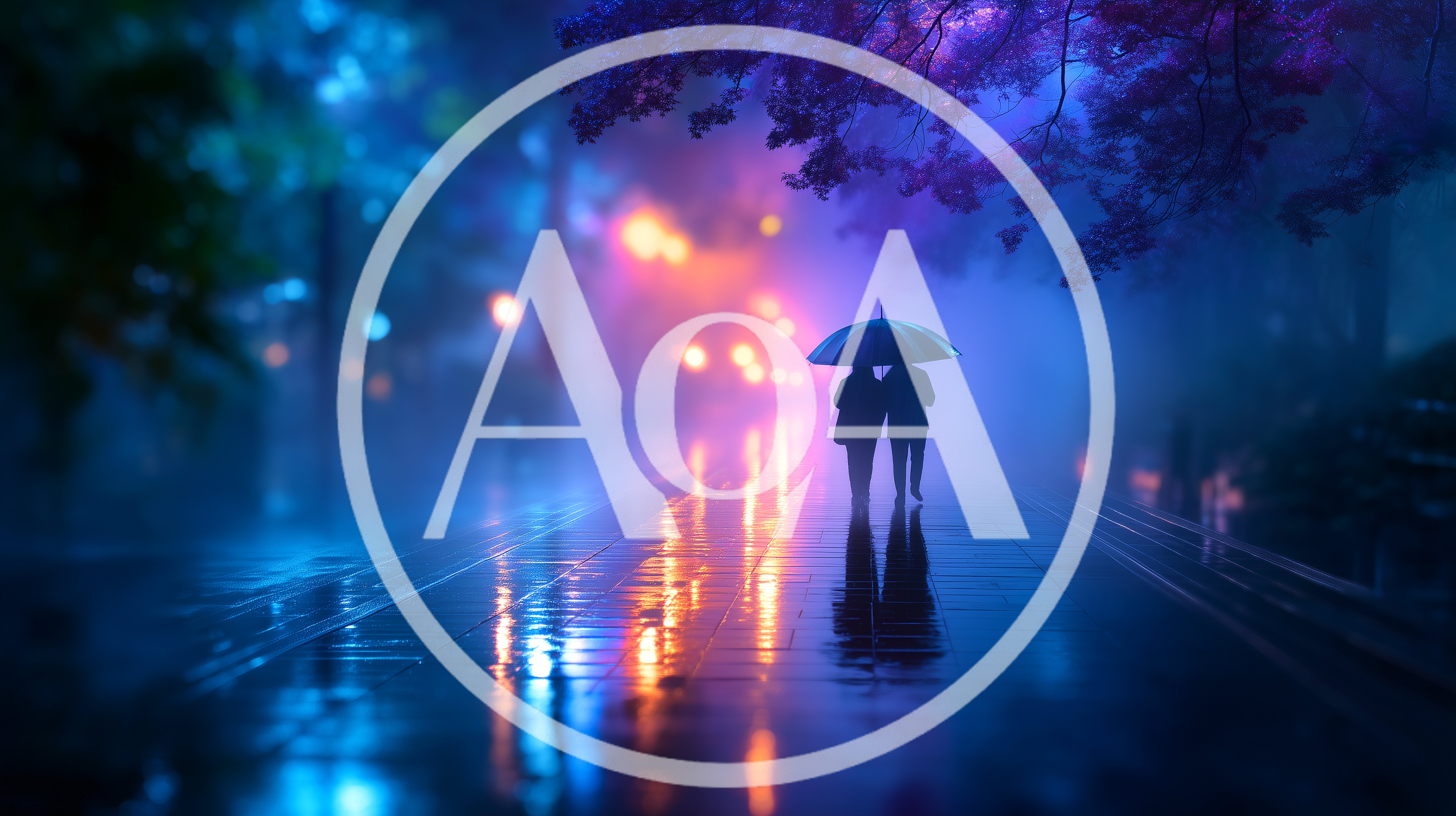 Couple Walking Under Umbrella On Rainy Night Street