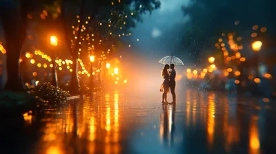 Romantic Couple Standing Under Umbrella In Rainy City Street