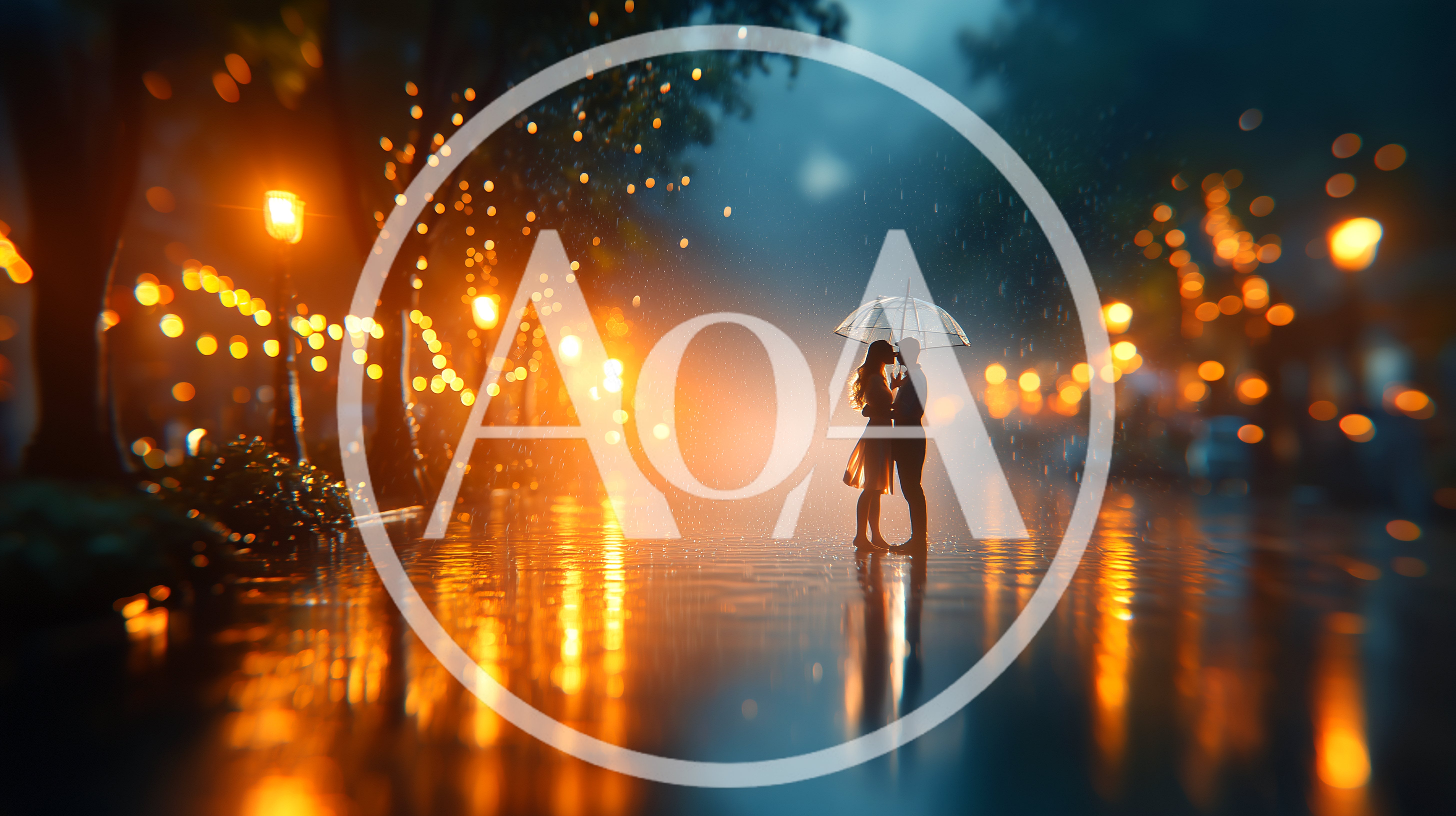 Romantic Couple Standing Under Umbrella In Rainy City Street