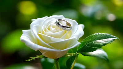 Silver Wedding Ring Resting On A White Rose