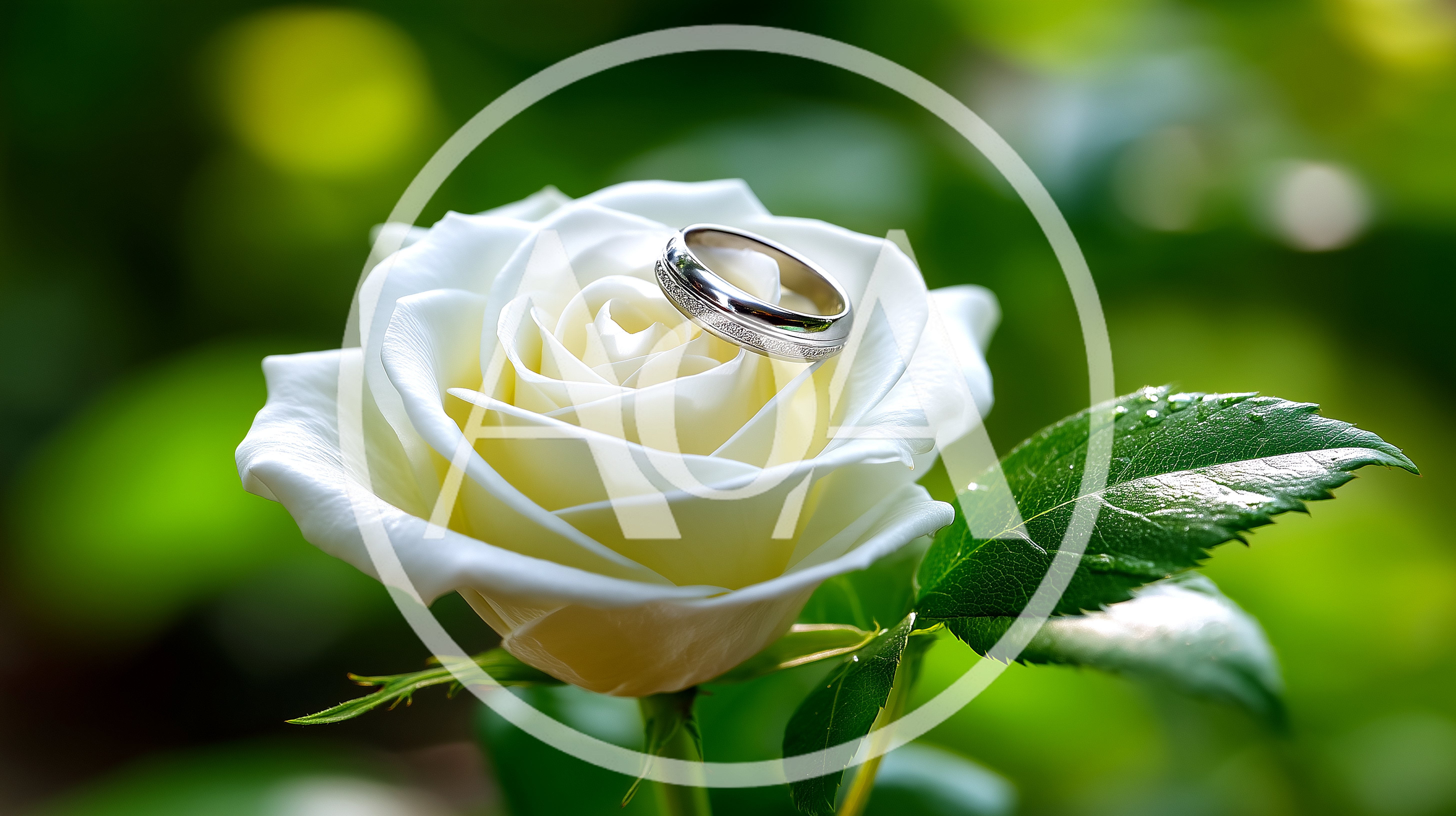 Silver Wedding Ring Resting On A White Rose