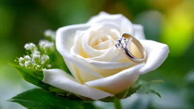Diamond Engagement Ring Resting On A White Rose