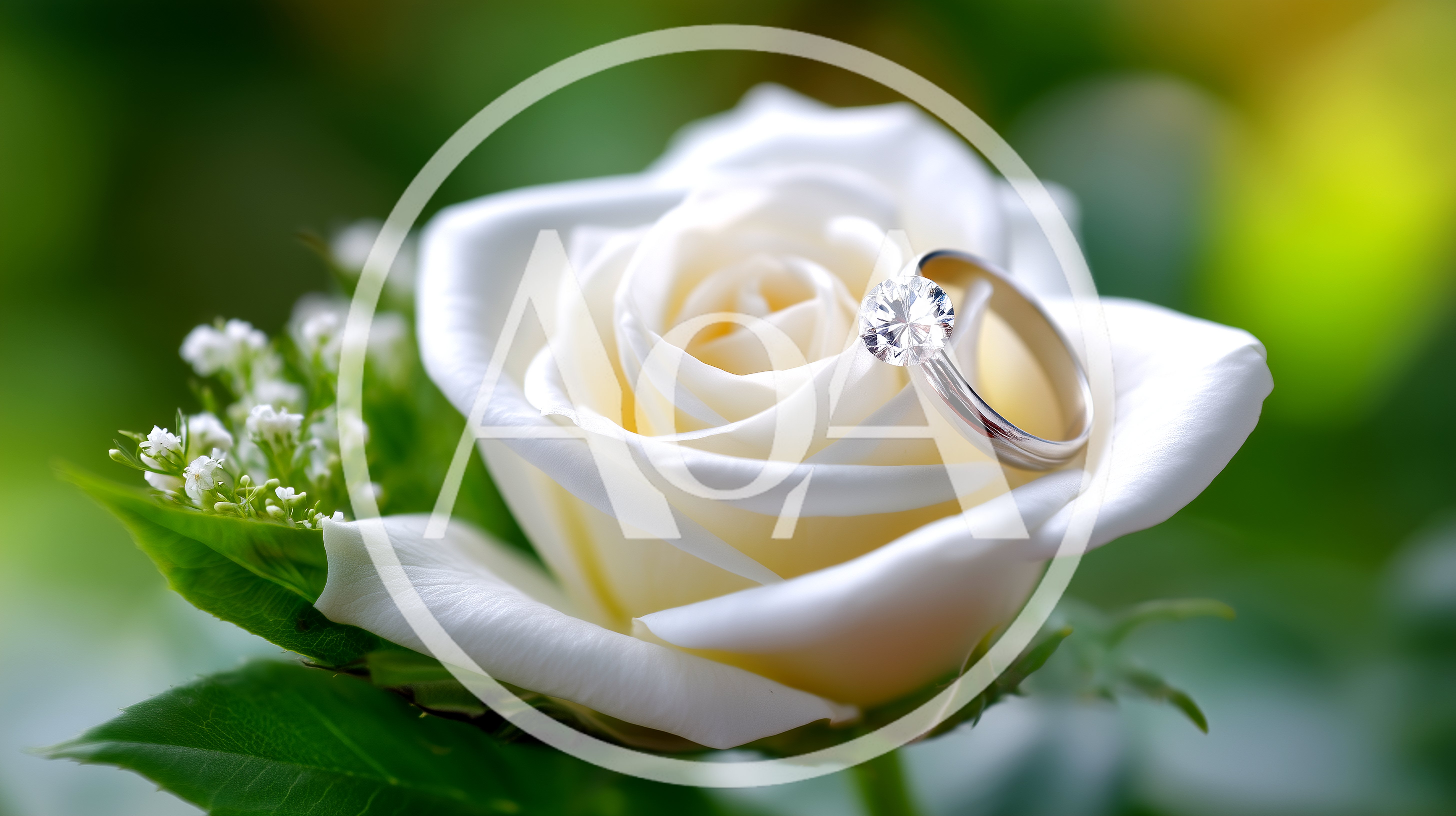 Diamond Engagement Ring Resting On A White Rose