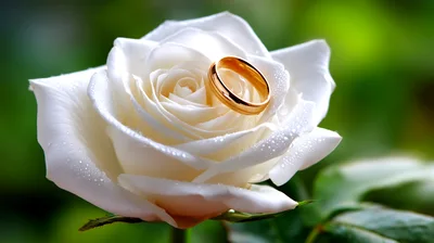 Gold Wedding Ring Resting On A White Rose