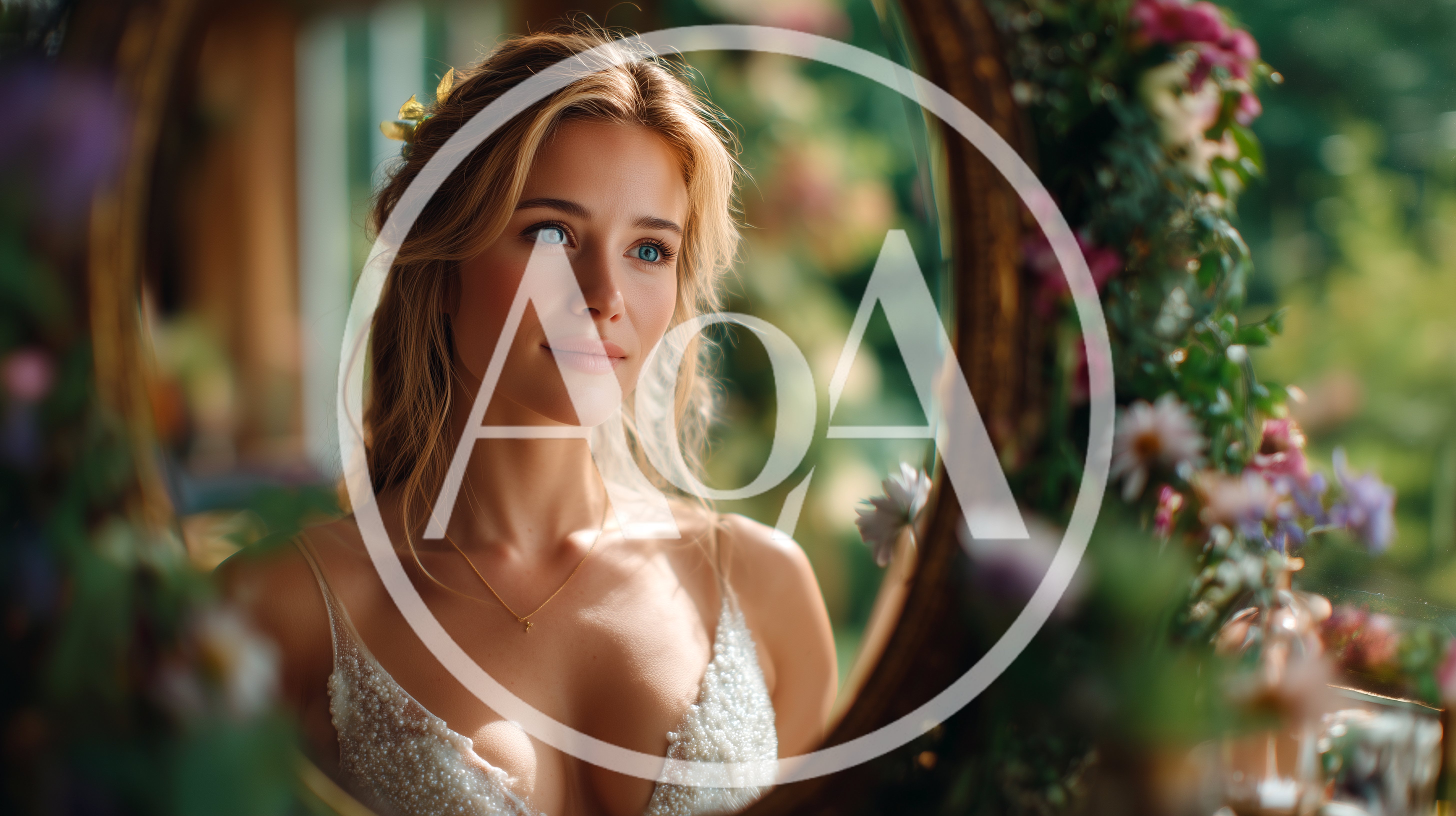Beautiful Bride Looking Into A Floral Decorated Mirror