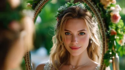 Beautiful Bride Looking Into An Ornate Floral Mirror