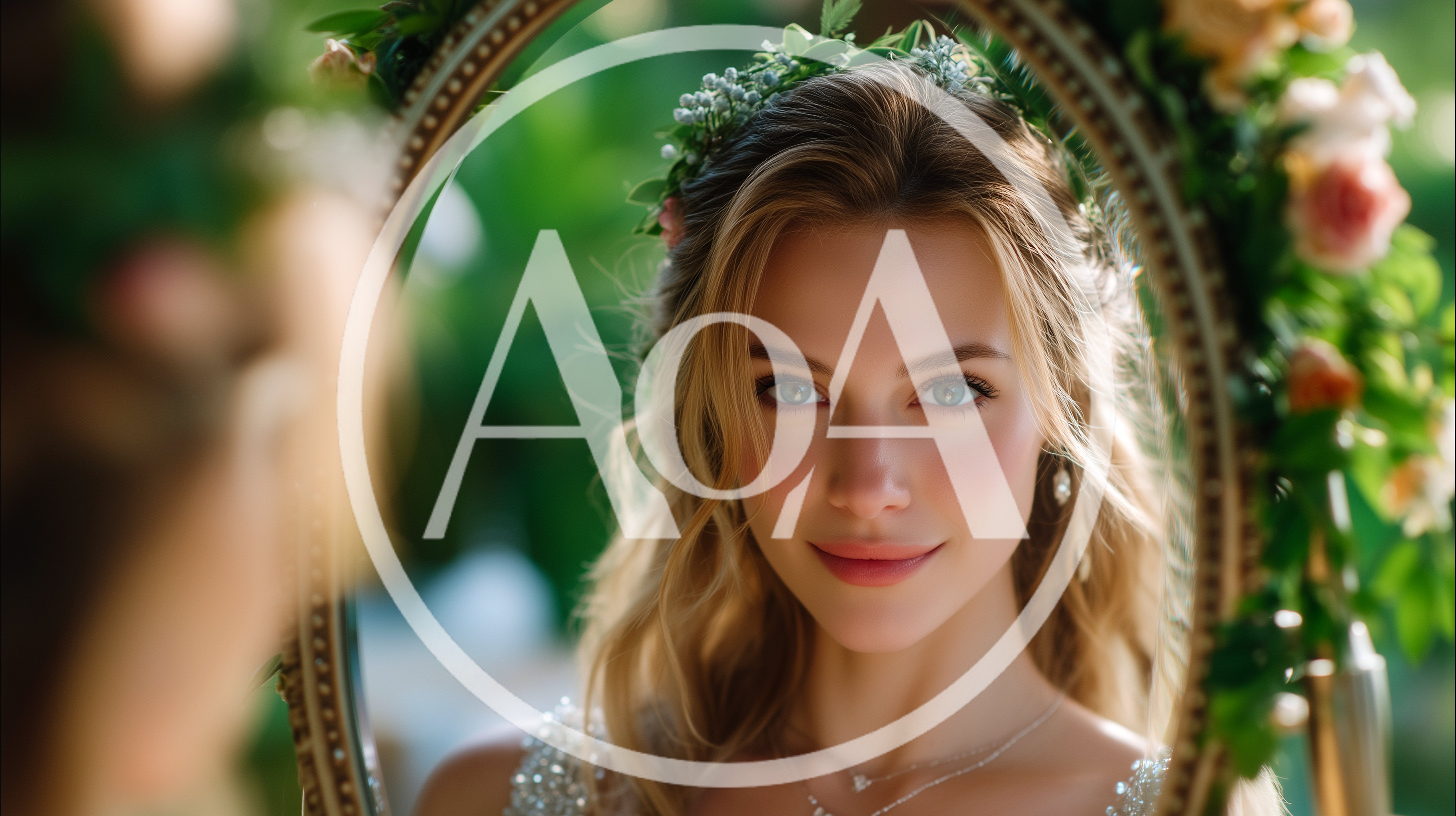 Beautiful Bride Looking Into An Ornate Floral Mirror