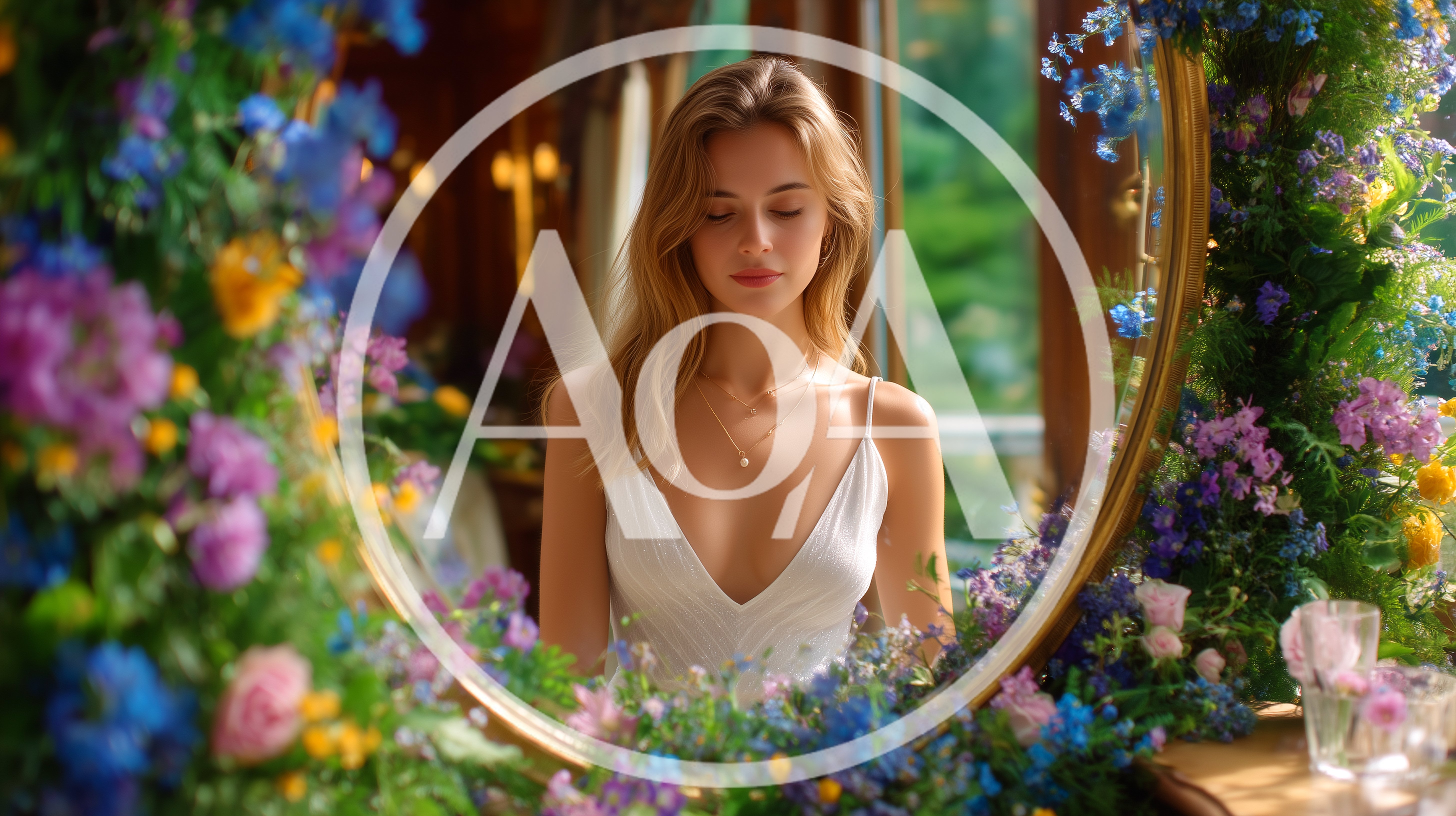 Young Woman Looking Into A Floral Decorated Mirror