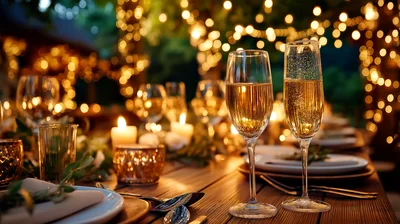 Romantic Outdoor Dinner Table With Champagne Glasses