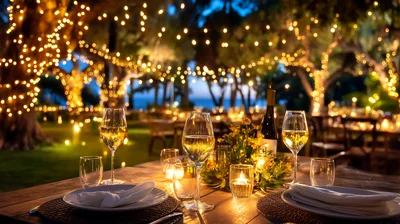 Romantic Outdoor Dinner Table Setting At Twilight