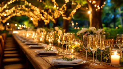 Elegant Outdoor Wedding Reception Table Setting At Night