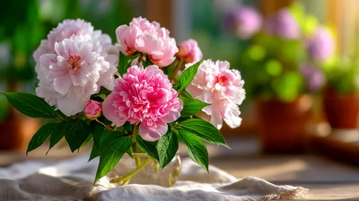 Bouquet Of Pink Peonies In A Glass Vase