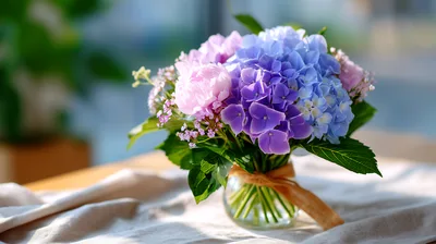 Bouquet of Hydrangeas and Peonies in Glass Vase