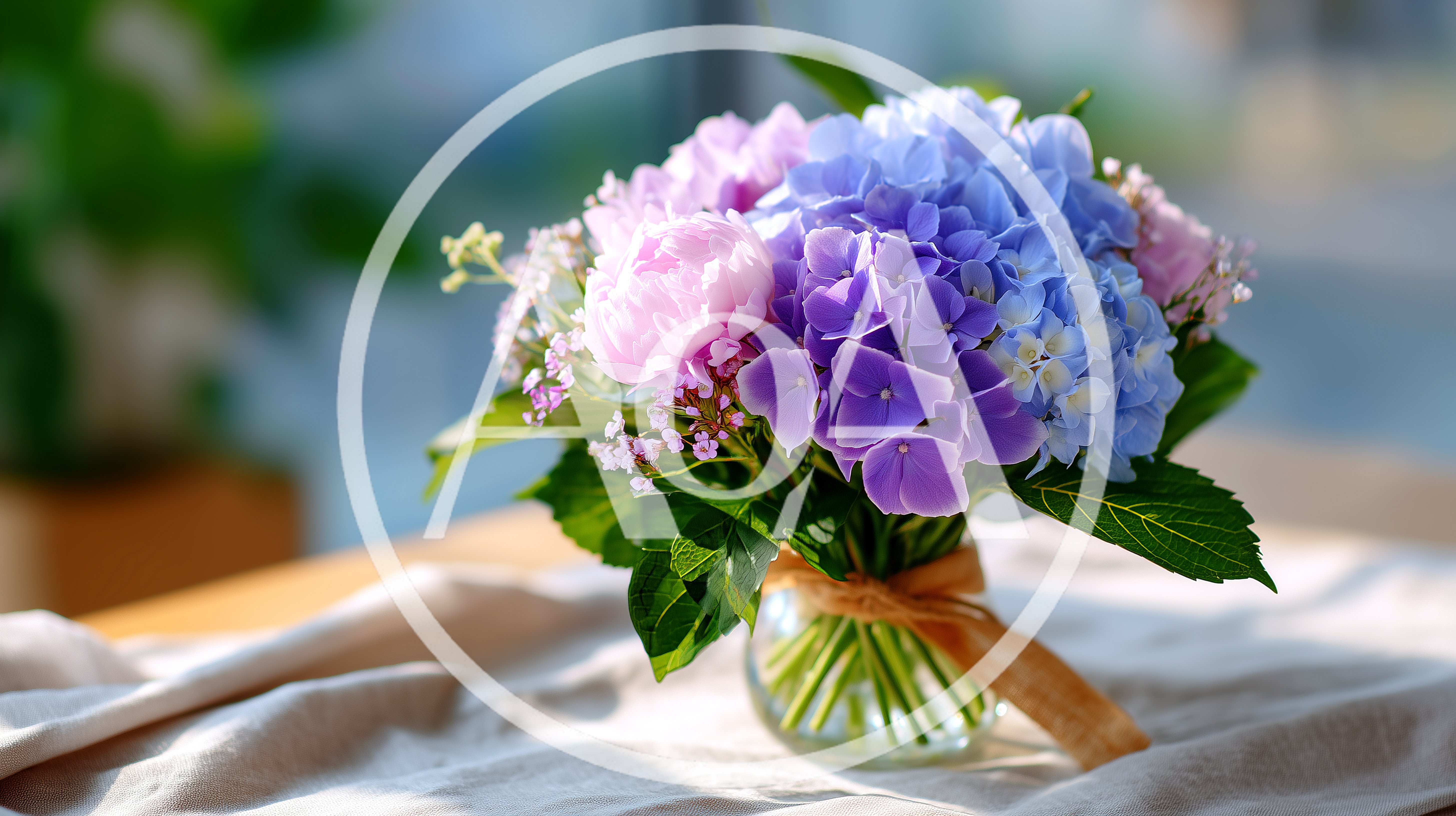 Bouquet of Hydrangeas and Peonies in Glass Vase