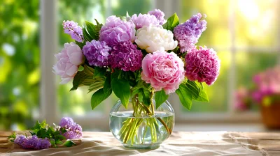 Bouquet Of Peonies And Lilacs In Glass Vase