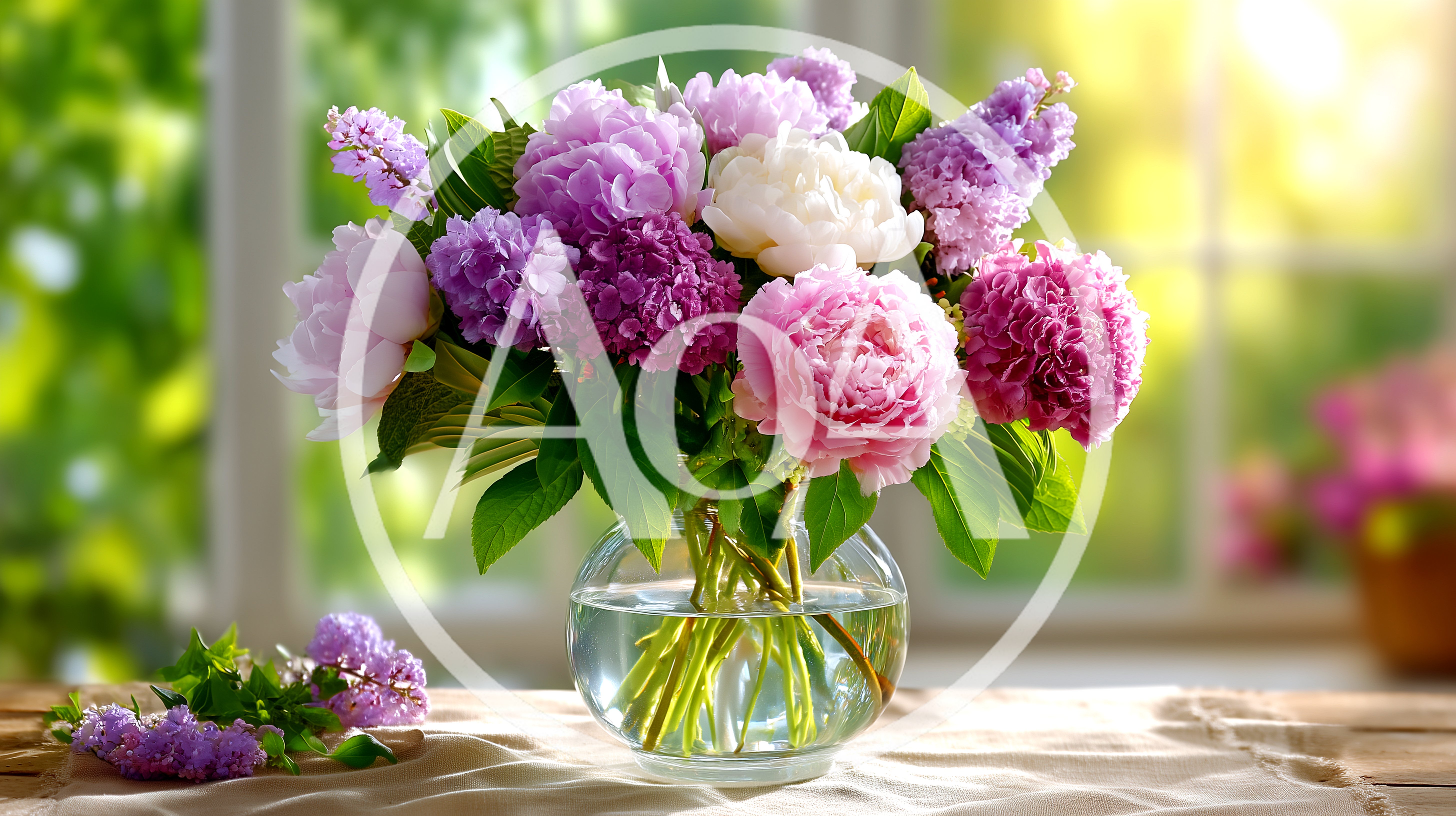 Bouquet Of Peonies And Lilacs In Glass Vase