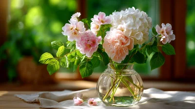 Bouquet of Pink and White Flowers in Glass Vase