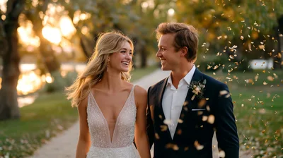 Newlywed Couple Walking Together During Golden Hour