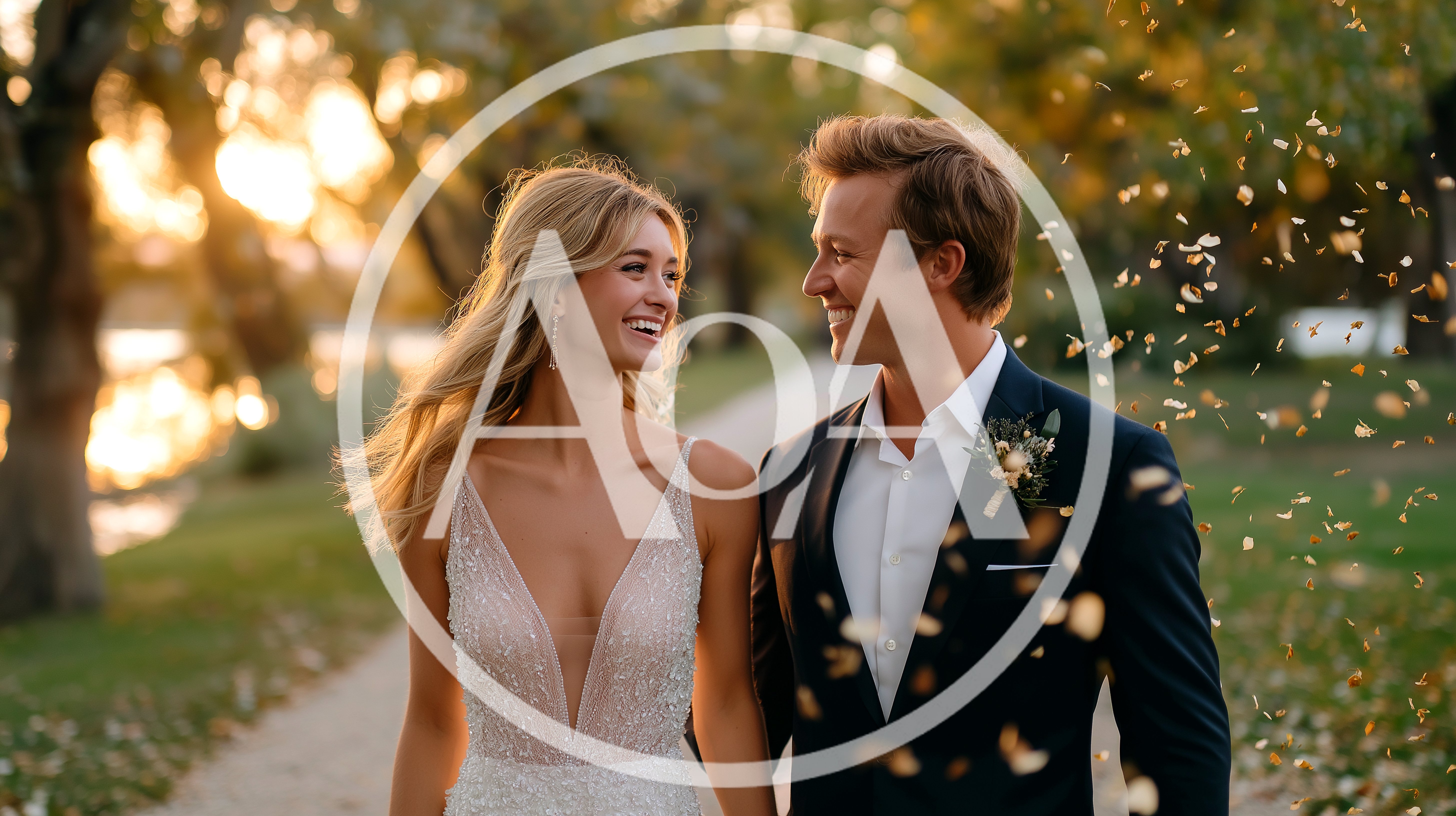 Newlywed Couple Walking Together During Golden Hour