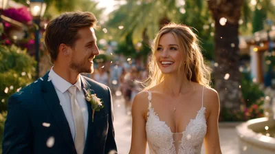 Happy Newlywed Couple Walking Through Wedding Petal Shower