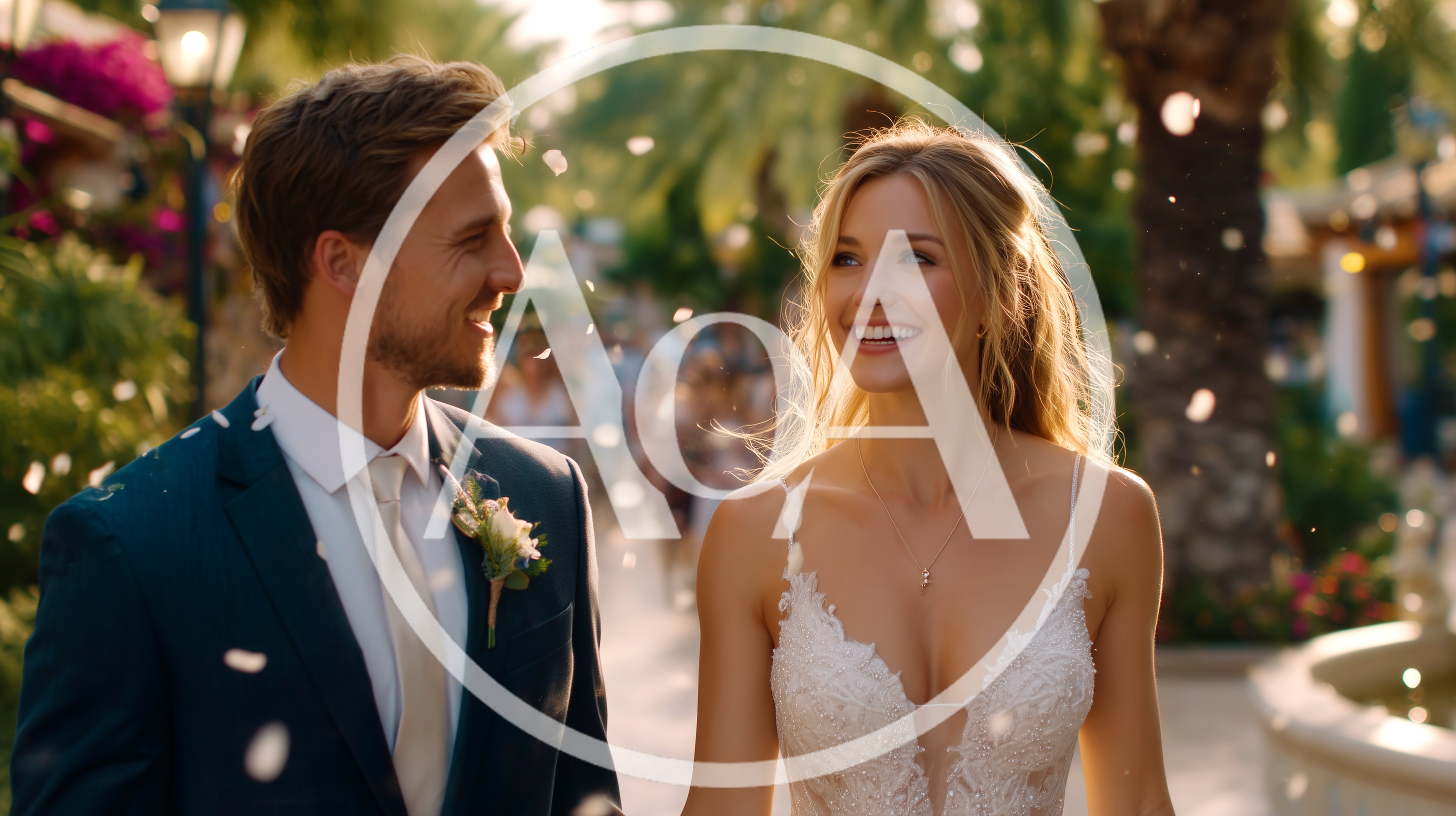 Happy Newlywed Couple Walking Through Wedding Petal Shower