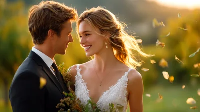 Happy Newlywed Couple Gazing Lovingly At Each Other