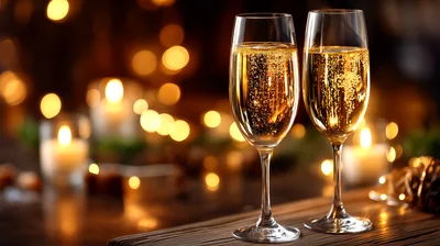 Two Champagne Flutes With Bubbles On A Wooden Table